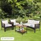 4-Piece Patio Furniture Set, Patiojoy Acacia Wood Outdoor PE Wicker Conversation Set with Cushions, PE Rattan Sectional Sofa Set for Lawn, Porch, Poolside, Backyard (Off White)